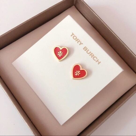 NWOT Tory Burch Gold Logo, Red Enamel Heart Stud Earrings - Picture 5 of 7